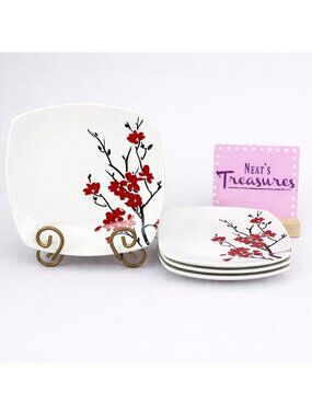 Coventry MAKAYLA Red Black Floral Stems Square  Porcelain Salad Plates Set of 4